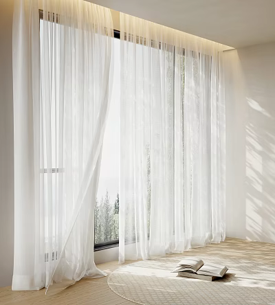 White Sheer Curtains Partially Drawn With Light Filtering Through And Trees Outside Window 3d model