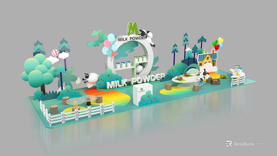 Milk Powder Mall Counter with Cartoon Sheep Panda Balloons Trees and Little House 3d model 