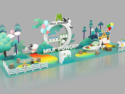 Milk Powder Mall Counter with Cartoon Sheep Panda Balloons Trees and Little House 3d model