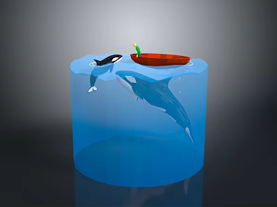 Orca and Whale Swimming in Blue Cylinder Tank with Red Boat on Water Surface 3d model