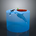 Orca and Whale Swimming in Blue Cylinder Tank with Red Boat on Water Surface