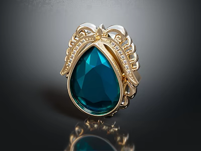 Elegant Gold Pendant with Blue Gemstone Decorative Patterns and Small Diamonds 3d model