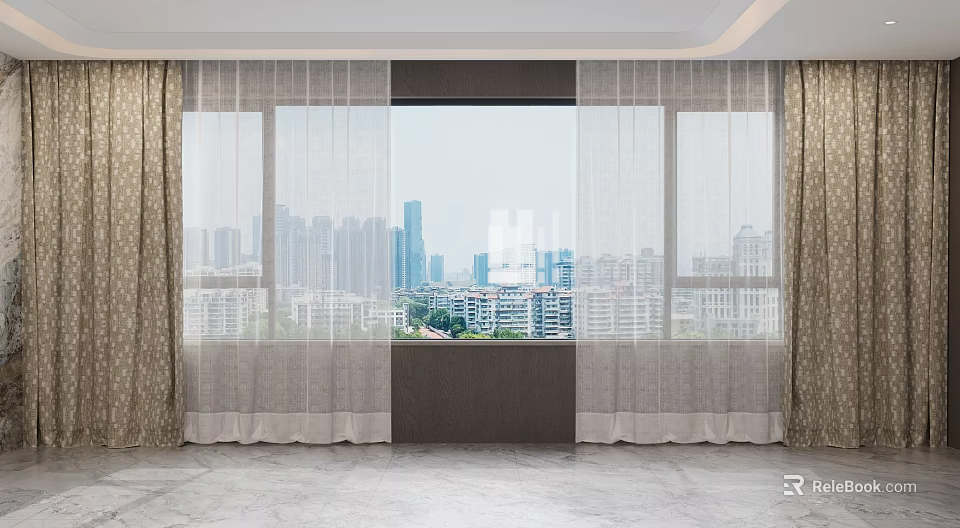 Elegant Beige Curtains With Sheer Panels For Large Window Urban Skyline View 3d model 