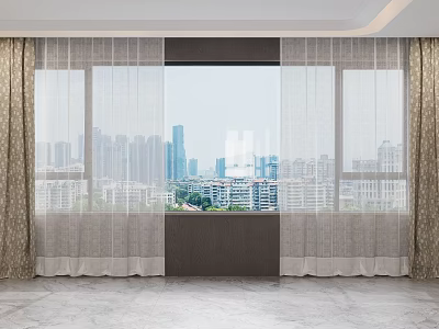 Elegant Beige Curtains With Sheer Panels For Large Window Urban Skyline View 3d model