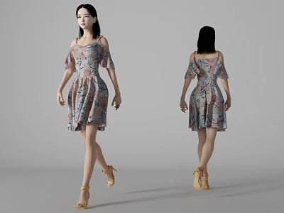 A Woman Wearing Floral Patterned Dress With High Heels Front And Back Views 3d model