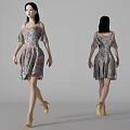 A Woman Wearing Floral Patterned Dress With High Heels Front And Back Views