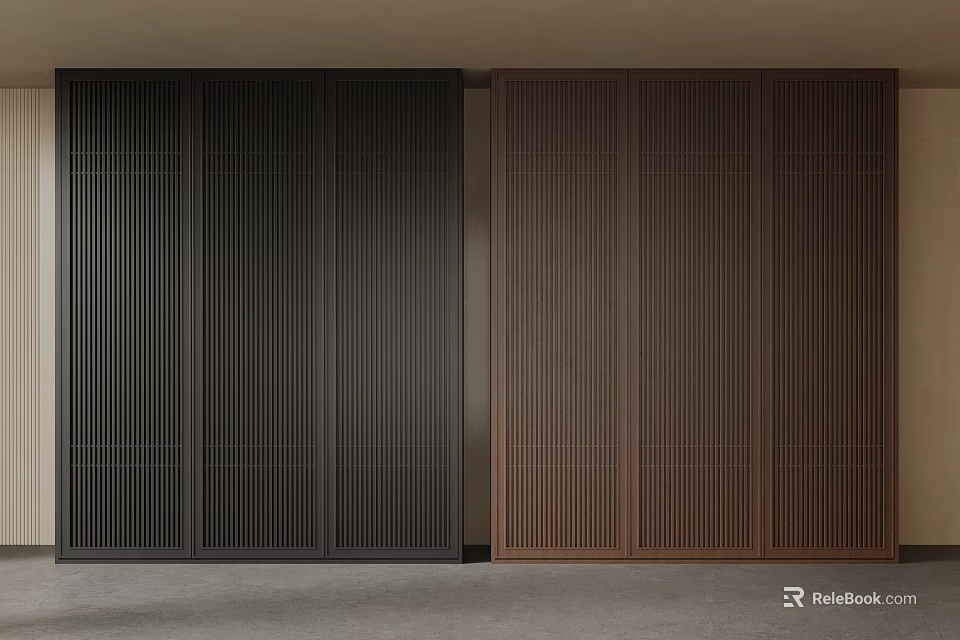 Modern Minimalist Wardrobe Interior Design With Black and Brown Vertical Stripes Panels 3d model 