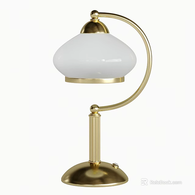Elegant Modern Table Lamp With Brass Curved Arm And White Glass Shade Design 3d model 