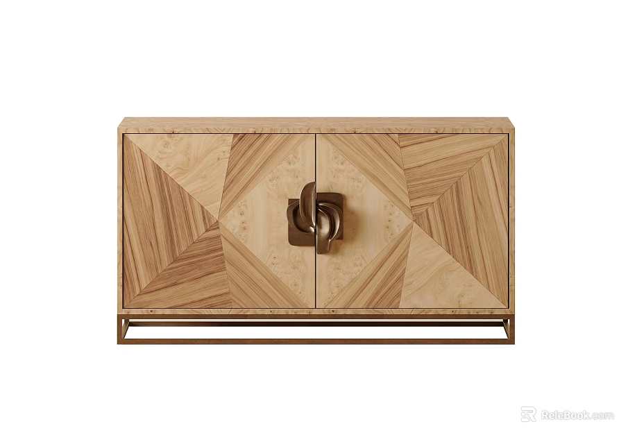 Wooden Sideboard With Geometric Chevron Pattern Metal Handle And Sleek Base 3d model 