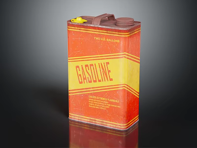Red And Yellow Gasoline Can With Brown Lid Handle Two Gallons Flammable Warning Label 3d model