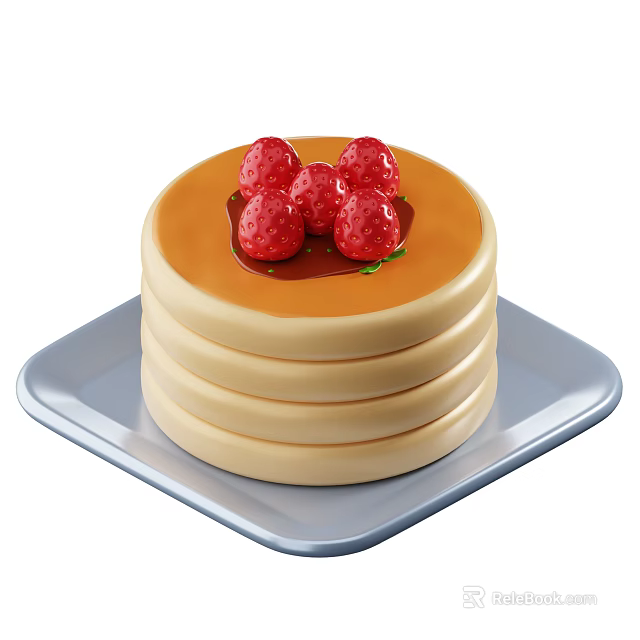 Fresh Stacked Pancakes Topped With Raspberries And Golden Syrup On Silver Plate 3d model 