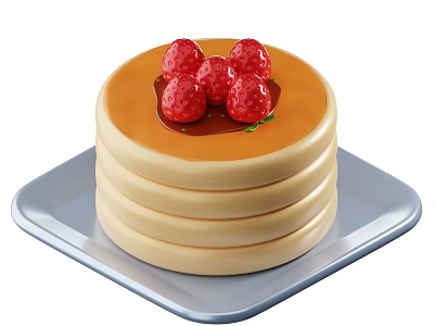 Fresh Stacked Pancakes Topped With Raspberries And Golden Syrup On Silver Plate 3d model
