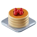 Fresh Stacked Pancakes Topped With Raspberries And Golden Syrup On Silver Plate