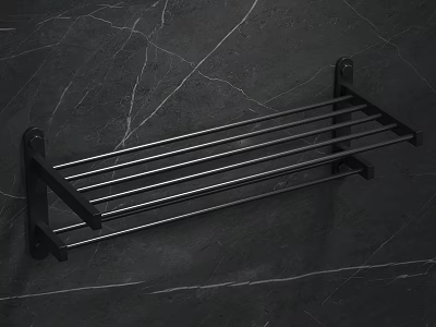 Modern Dark Metal Bathroom Towel Rack With Linear Bars Mounted On Marble Wall 3d model