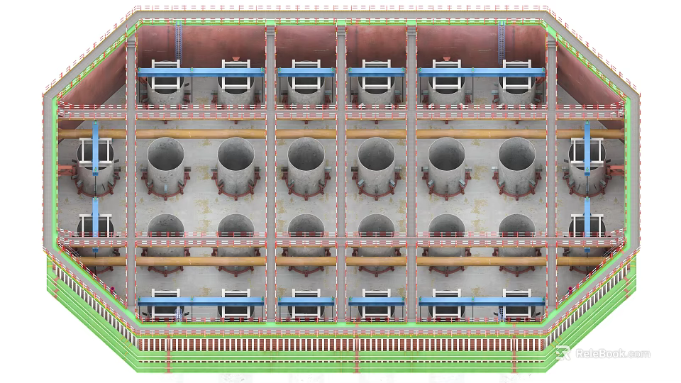 Detailed Bridge Structural Layout With Multiple Circular Supports And Pipes Framework 3d model 