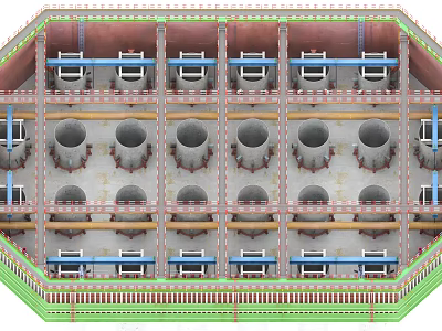 Detailed Bridge Structural Layout With Multiple Circular Supports And Pipes Framework 3d model