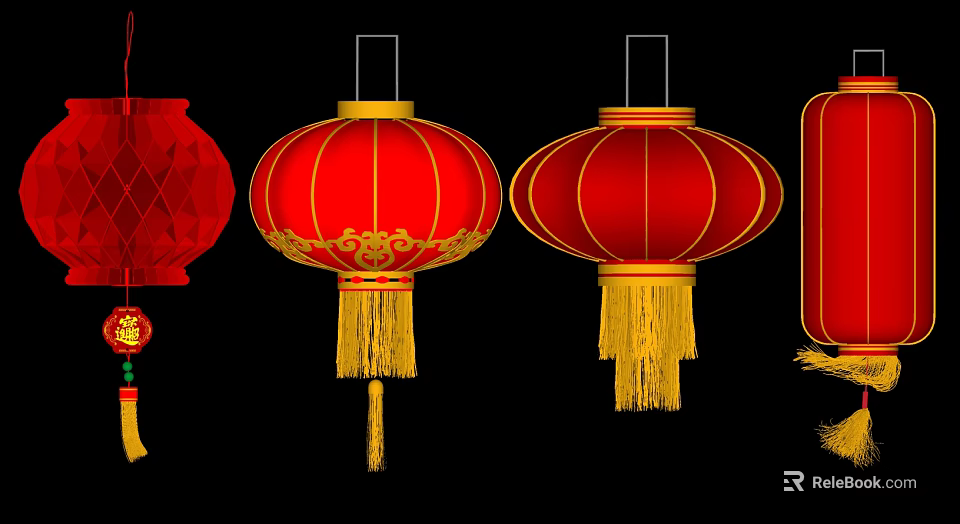 Traditional Chinese Red Lanterns With Gold Decorations And Tassels Different Designs 3d model 
