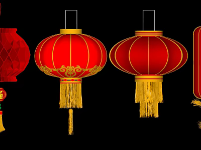 Traditional Chinese Red Lanterns With Gold Decorations And Tassels Different Designs 3d model