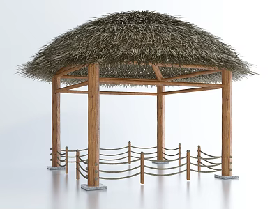 Traditional Thatch Roof Gazebo With Wooden Pillars And Rope Railings 3d model