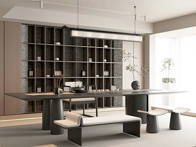 Modern Tea Room Interior With Long Wooden Table Open Shelves Tea Sets And Natural Light 3d model