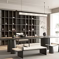 Modern Tea Room Interior With Long Wooden Table Open Shelves Tea Sets And Natural Light