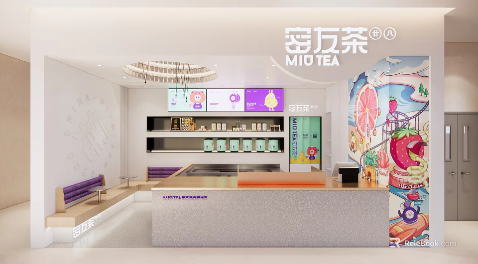 Modern MIOTEA Milk Tea Shop Interior With Colorful Fruit Murals Counter And Purple Seats 3d model 