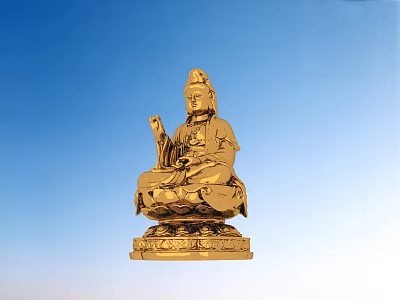 Golden Guanyin Sculpture Carving With Intricate Details Against Blue Sky Background 3d model