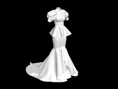 Elegant White Long Dress With Puffy Sleeves Layered Skirt And Bow Detail 3d model