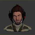 Game Character with Messy Red Hair Black Red Headgear Stubble and Metallic White Shoulders