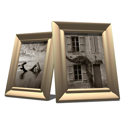 Golden Photo Frames with Black White Vintage Building and Seaside Scenery Prints 3d model