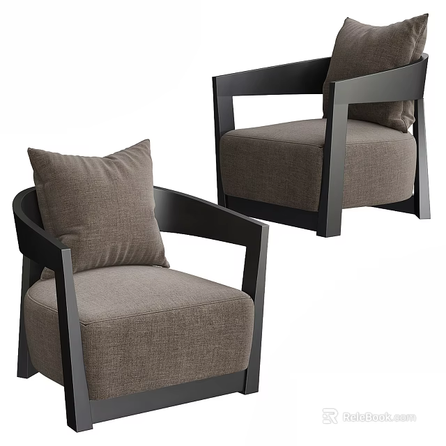 Modern Single Sofa With Brown Fabric Cushion Black Frame And Comfortable Pillow 3d model 