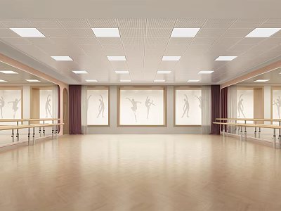 Spacious Fitness Dance Studio With Wooden Floor Ballet Dancer Silhouettes Barres And Square Ceiling Lights 3d model