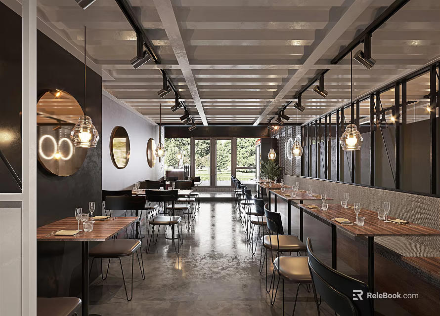 Modern Restaurant Interior Design With Round Mirrors Hanging Pendant Lights Bar Counter And Dining Seats 3d model 