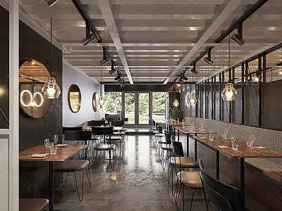 Modern Restaurant Interior Design With Round Mirrors Hanging Pendant Lights Bar Counter And Dining Seats 3d model