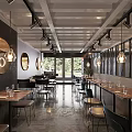 Modern Restaurant Interior Design With Round Mirrors Hanging Pendant Lights Bar Counter And Dining Seats
