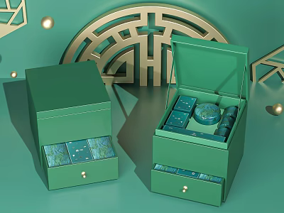 Green Household Storage Boxes With Open Design Blue Square And Round Items Gold Geometric Background Decorations 3d model