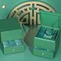 Green Household Storage Boxes With Open Design Blue Square And Round Items Gold Geometric Background Decorations