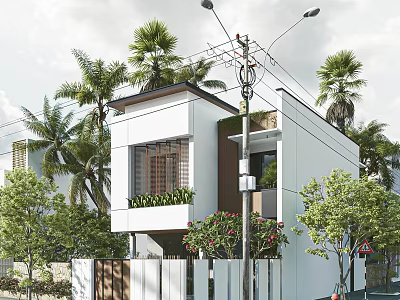 Detached Villa With White Exterior Palm Trees Green Plants Balcony And Fenced Design 3d model