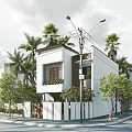 Detached Villa With White Exterior Palm Trees Green Plants Balcony And Fenced Design