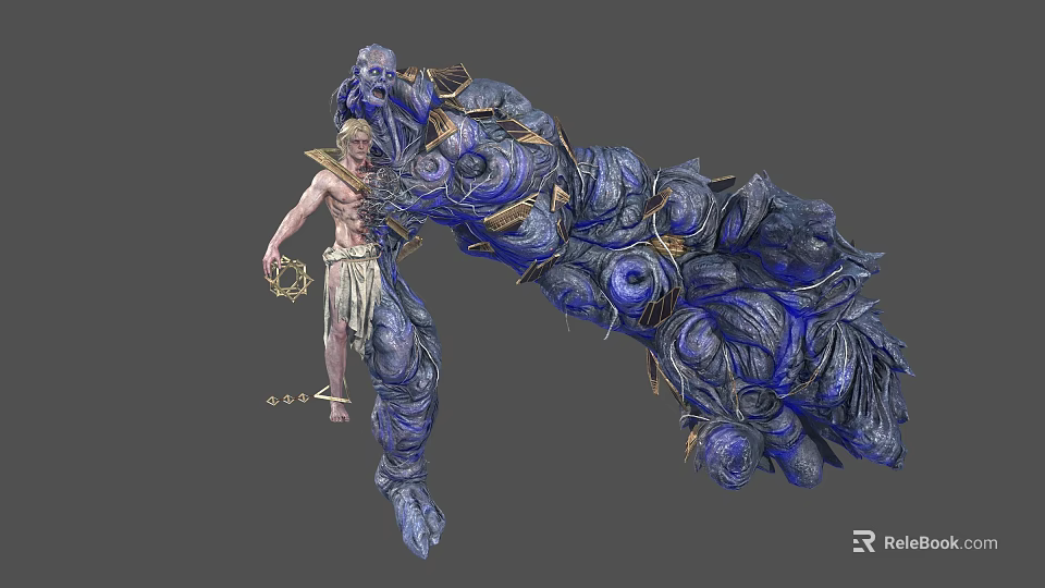 Fantasy Game Character With Giant Blue Arm Intricate Textures Golden Accents And Rings In Hand 3d model 