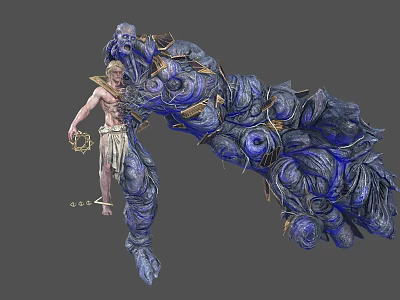 Fantasy Game Character With Giant Blue Arm Intricate Textures Golden Accents And Rings In Hand 3d model