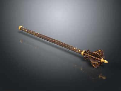 Decorative Ancient Weapon Staff With Elaborate Carved Patterns And Golden Accents 3d model