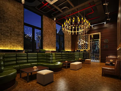 Modern Industrial Bar Interior With Green Sofas Chandelier Brick Walls And Open Space 3d model