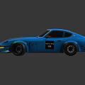 Blue Sports Car With Custom Black Graphics Yellow Headlights Black Wheels And Rear Spoiler
