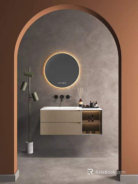 Modern Bathroom Vanity Design With Round Backlit Mirror Gray Wall Beige Cabinet And Toiletries 3d model 