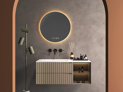 Modern Bathroom Vanity Design With Round Backlit Mirror Gray Wall Beige Cabinet And Toiletries 3d model