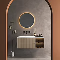 Modern Bathroom Vanity Design With Round Backlit Mirror Gray Wall Beige Cabinet And Toiletries