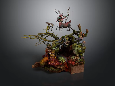 Whimsical Fantasy Scene Sculpture With Deer Figure Twisted Branches Green Foliage Moss And Wooden Base 3d model