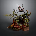 Whimsical Fantasy Scene Sculpture With Deer Figure Twisted Branches Green Foliage Moss And Wooden Base