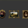 Ornate Decorative Golden Framed Furniture Featuring Portrait and Landscape Paintings